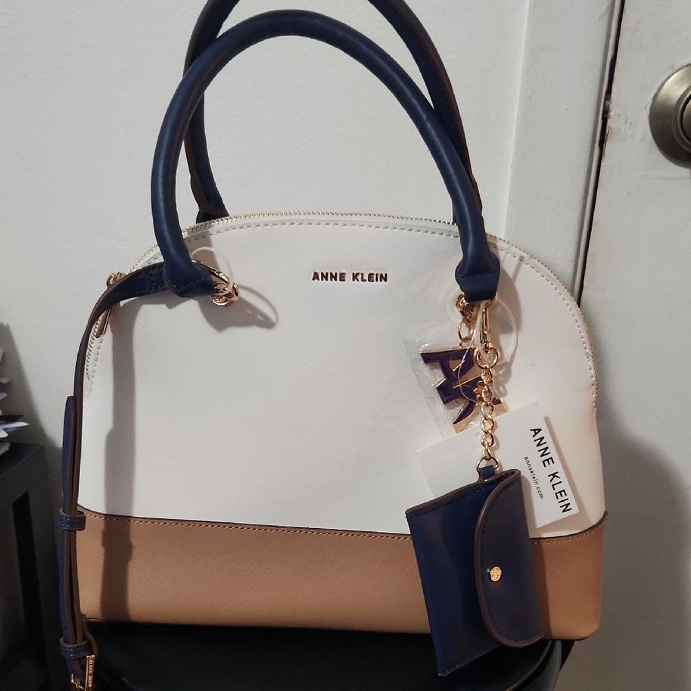 Anne Klein White and Tan Satchel with Navy Accents